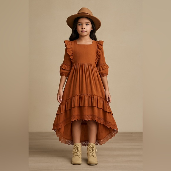 Joyfolie Mia Joy Kassia Dress Burnt Orange Ruffle Lace Dress Bow Back hi low - Picture 1 of 5